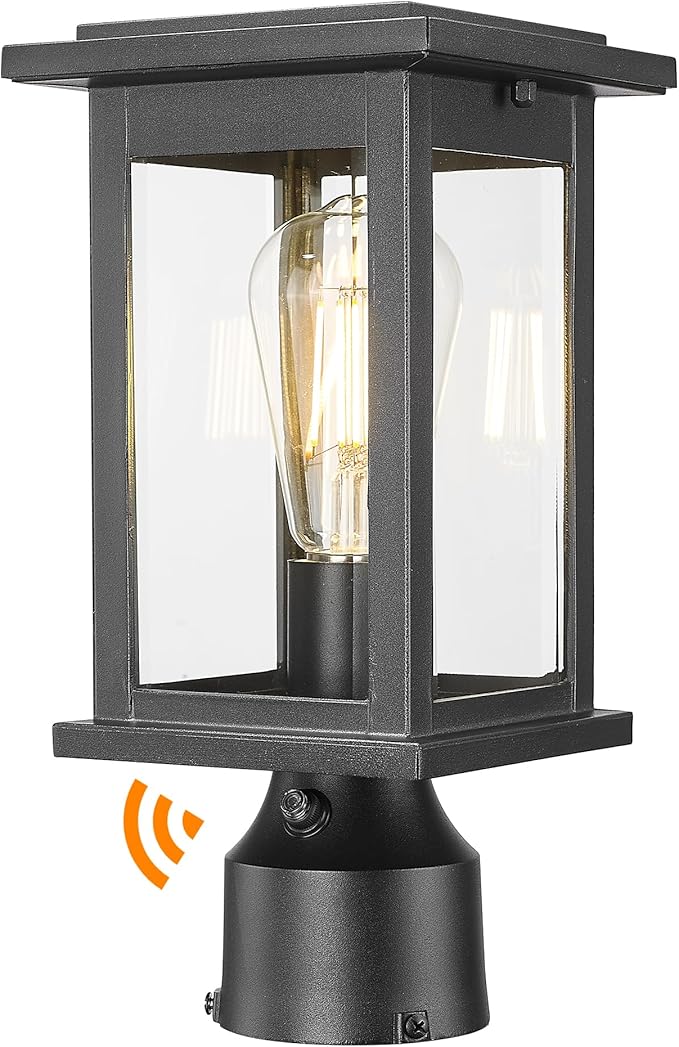 Dusk to Dawn Outdoor Post Lamp, HWH 12.2 Inch Exterior Pole Lantern with Photocell Sensor, Lamp Post Light with Clear Glass, 5HD37P PC BK