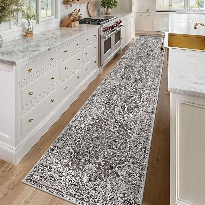 KUTA Vintage Washable Runners for Hallways 2.6x16, Non-Slip 16ft Extra Long Kitchen Runner Rug, Tan Grey Ultra Soft Printed Floral Medallion Stair Runners Indoor for Bedroom