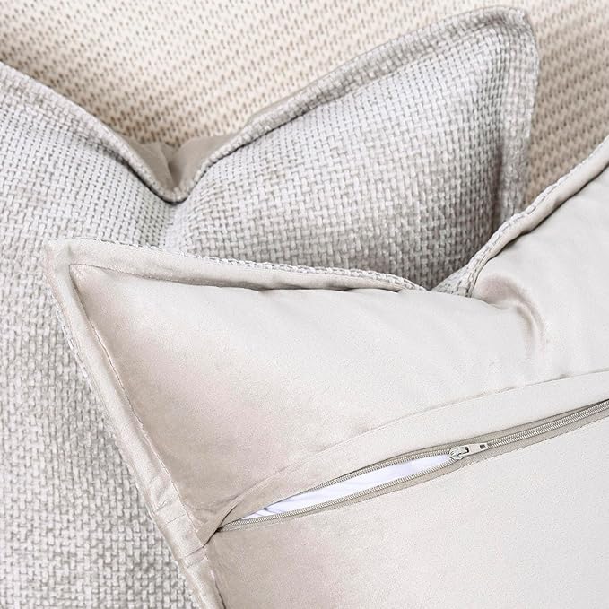 MADIZZ Chenille Velvet Throw Pillow Covers with Flange Set of 2 Super Soft Boho Textured Pillow Covers Decorative Throw Pillowcases Modern Farmhouse Home Decor for Sofa Bedroom Oatmeal 12x20 Inch