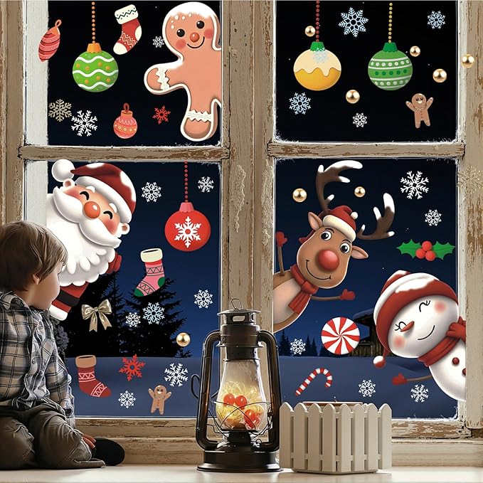 Christmas Window Clings,Winter Snowflake Window Clings,Christmas Decals Clings For Glass,Xmas Reindeer Wall Stickers,Xmas Santa Claus Snowman Gingerbread Wall Decals For Home Room Office School