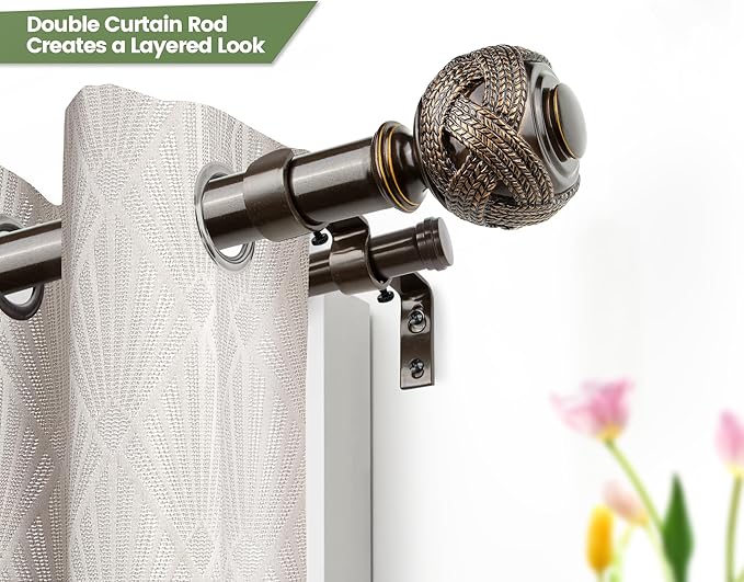 1 Inch Double Curtain Rods 66 to 120 Inches (5.5-10ft), USFOOK Bronze Heavy Duty Drapery Rods for Windows 69 to 111 Inches, Telescoping Dual Curtain Rod with Woven Leaf Finials