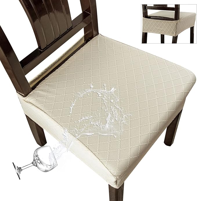 Genina Waterproof Seat Covers for Chairs,Set of 6 Dining Room Chair Seat Covers for Kitchen,Stretch Jacquard Removable Washable Dining Chair Slipcovers Protectors,No Rear Covers, Beige