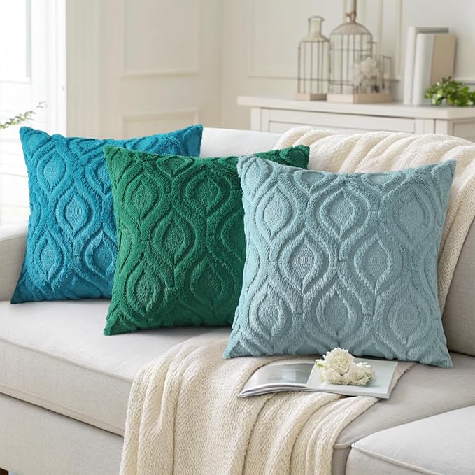 decorUhome Throw Pillow Covers 26x26 Inch Set of 2, Soft Plush Faux Wool Aqua Solid Couch Pillow Covers, Accent Farmhouse Neutral Square Pillow Cases for Sofa Bed Living Room