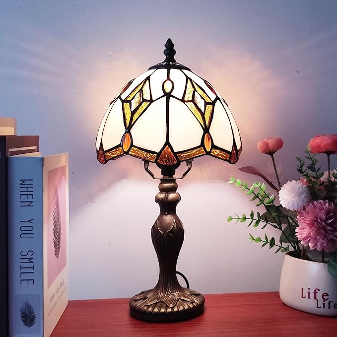 Tiffany Table Lamp Yellow Brown Stained Glass Reading Light 3-Way Small Decorate Lamp for Home Living Room Nightstand Bedroom Office Include Light Bulb
