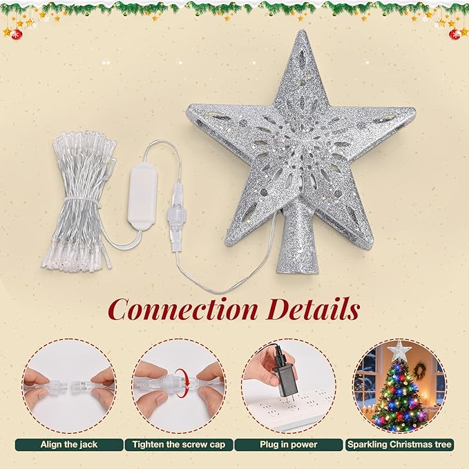 Christmas Tree Topper Lighted with 10M Colorful String Lights, Keten Silver Star Tree Toppers Decoration with 3D Rotating Pattern Projector, Tree Top for Indoor Outdoor Xmas Party Holiday (Silver)