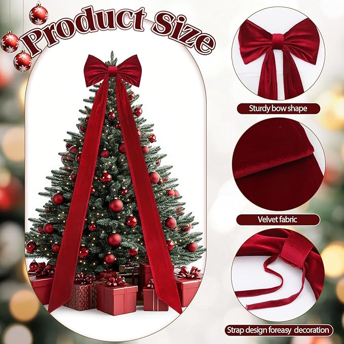 Christmas Tree Topper Bow 90x18 Inch Giant Large Velvet Bow with Long Streamers Huge Decorative Wrapping Gift Decor for Xmas Tree Front Door Patio Outdoor Wedding Arch(Burgundy)