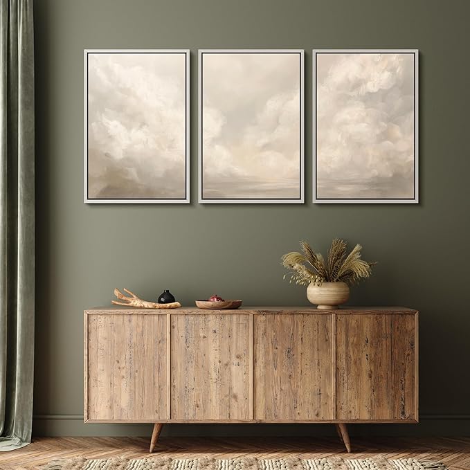 MUDECOR Framed Wall Art Print Set Neutral Cloudscape Soft Beige Abstract Sky Illustrations Modern Art Boho Decorative Colorful Chic for Living Room, Bedroom, Office - 16"x24"x3 White