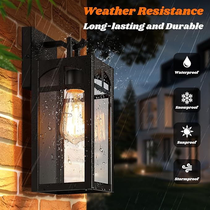 Outdoor Wall Lanterns, Exterior Waterproof Matte Black Wall Light Fixtures, Sconces Lighting with Clear Glass Shade, Anti-Rust E26 Socket Lights for Porch Entryway Patio, 2 Pack
