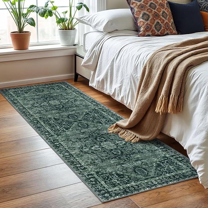 KOZYFLY Runners for Hallways 2x6 Ft Washable Kitchen Runner Rug Boho Runner Rug for Entryway Indoor Printed Oriental Faux Wool Floor Carpet Runner for Bedroom Kitchen Hall, Dark Green