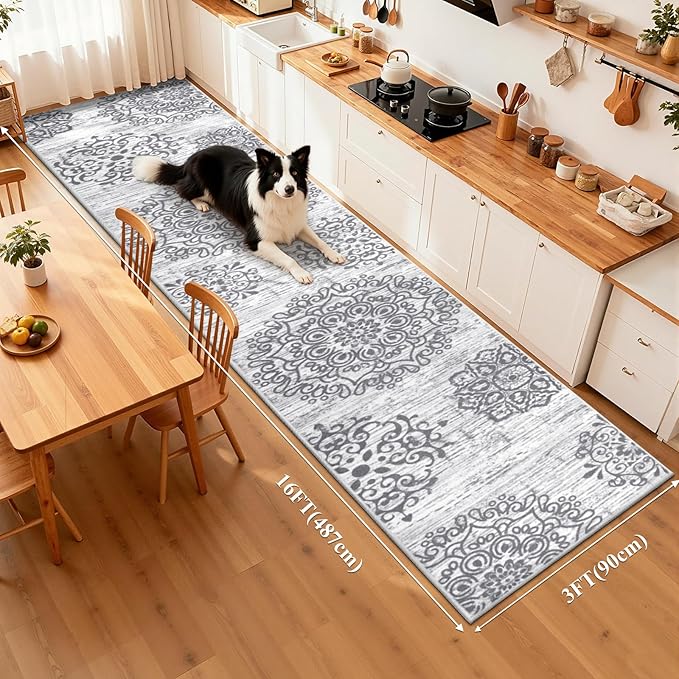 HEBE Hallway Runner Rug 3'x16' Washable Vintage Distressed Area Rugs Non Slip Laundry Rug Runner Boho Floor Carpet Runners for Hallways Entryway Laundry Room Kitchen Bathroom