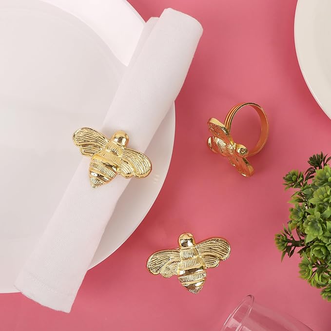 ALPHA Living HOME Bee Napkin Ring Serviette Rings Set of 12 Metal Napkin Ring Dinner Napkin Holders for Cloth Napkins Thanksgiving Wedding Christmas Party Kitchen Table Decoration (Gold)