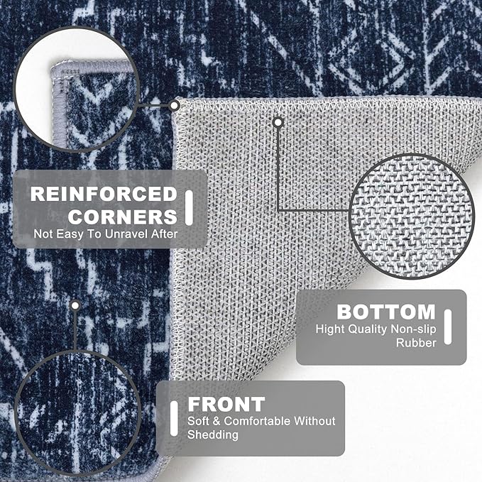 KILOCOCO Boho Kitchen Runner Rug 2x6 Washable Runner Rug, Soft Runners for Hallways Non Slip Printed Distressed Laundry Room Rugs, Low-Pile Rugs for Entryway/Bedroom/Living Room, Dark Blue