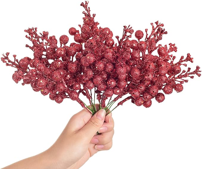 Lvydec 16pcs Christmas Glitter Berries Stems Clearance, 7.8" Artificial Christmas Picks for Christmas Tree Ornaments, DIY Xmas Wreath, Crafts, Holiday and Home Decor (Red)