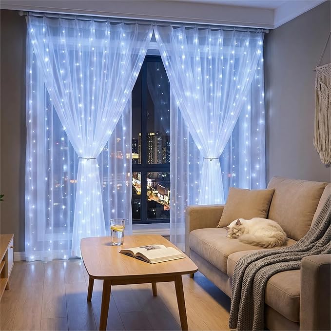 Cool White LED Curtain Lights, 300 LEDs 10 Strands with Remote Control, 8 Modes Timer USB Powered, Hanging String Lights for Bedroom Wedding Christmas Party Window Decor
