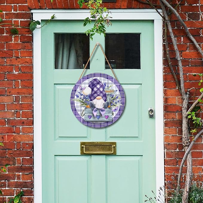 Spring Gnome Lavender Flower Sign for Front Door 12"x12" Summer Purple Floral Buffalo Plaid Wood Door Hanger for Outdoor Outside Porch Spring Summer Farmhouse Wooden Wreath for Wall Porch Yard