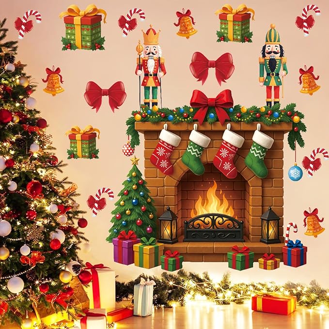 Large 3D Christmas Wall Decals,Christmas Fireplay Wall Sticker Nutcracker,Xmas Fireplace Wall Decoration,Fireplace Backdrop Decor,Winter Xmas Gift Nutcracker Decals for Home Living Room