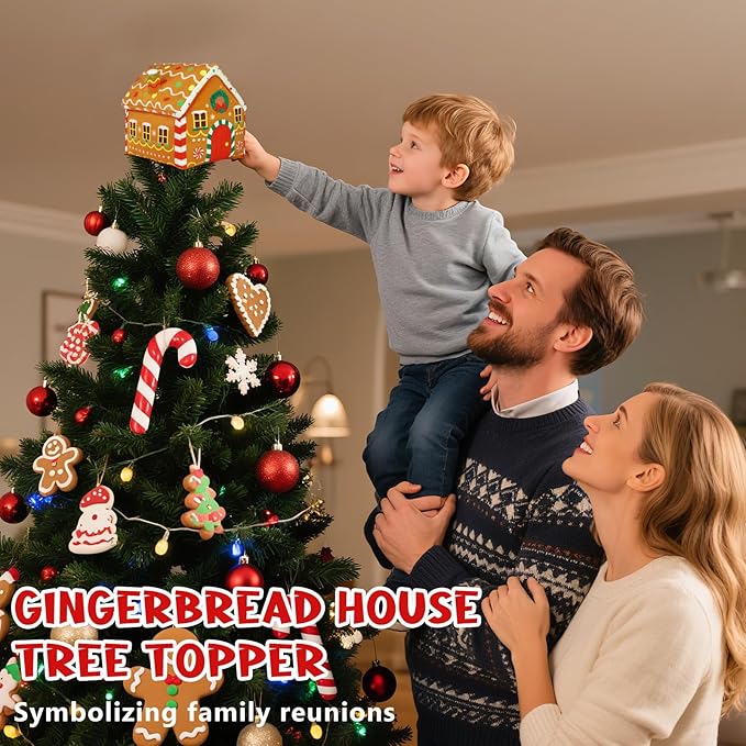 Gingerbread House Christmas Tree Topper, Plush Stuffed Velvet House Tree Top with Snowflake Accent Xmas Party Decoration for Home Kitchen, Gingerbread Theme Gift for Baking Lovers Holiday Decor