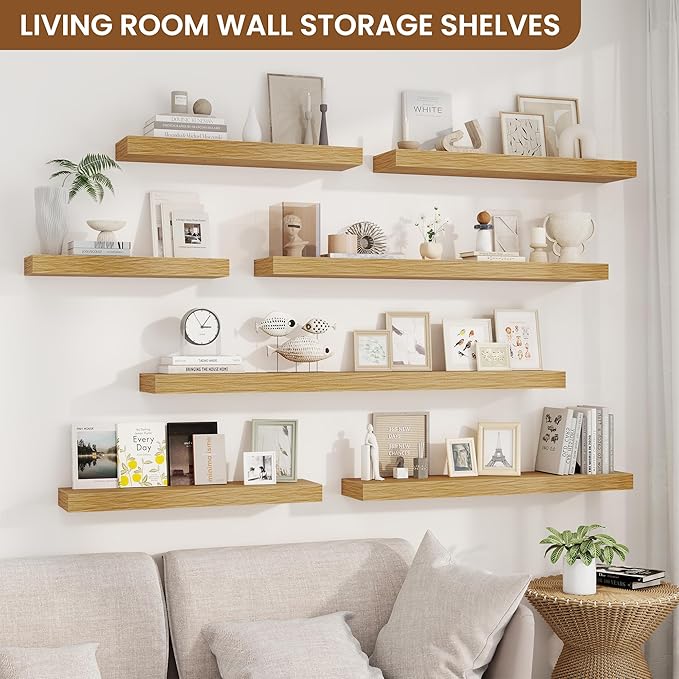 fuqing Floating Shelves for Wall, Wall Mounted Wood Floating Shelf with Invisible Brackets for Living Room, Bathroom, Bedroom, Kitchen Storage and Decor, 40 Inch Set of 2, Oak