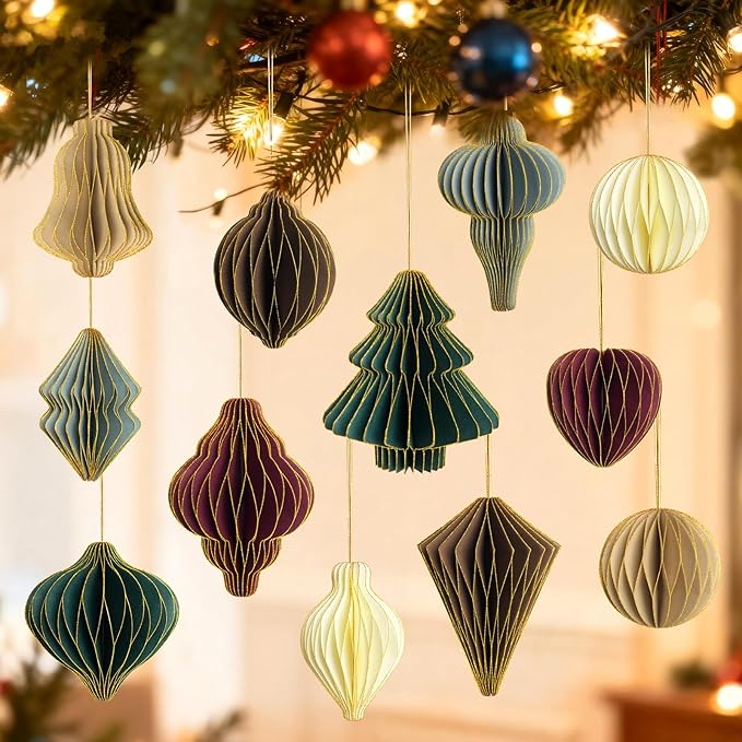 12Pcs Paper Honeycomb Christmas Tree Decorations, 3D Mini Glitter Edge Paper Honeycomb Lantern Ornaments for Vintage Neutral Christmas Party Home Decor Mixed