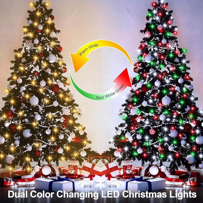 echosari Christmas String Lights, 33Ft 100 LED Fairy Lights Battery Operated Dual Color Changing with Remote Timer for Xmas Tree Festive Decor (Red White Green & Warm White)