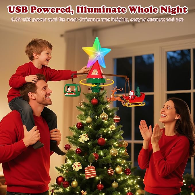 Luxspire Christmas Tree Topper with Rotating Animated Santa Deer Sled and Snowman Cable Car, Multicolor Lighted Christmas Star with Music, Tree Topper Decoration for Holiday Home