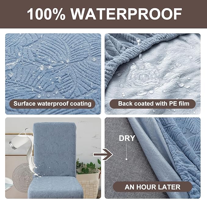 Genina 100% Waterproof Dining Room Chair Covers Set of 4 Stretch Kitchen Chair Covers Parsons Chair Slipcovers for Dining Room Chair Protector Cover, Removable, Washable (Leaf Pattern-Light Blue)