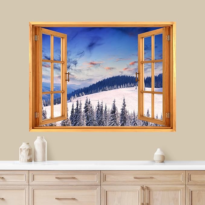 wall26 Removable Wall Sticker/Wall Mural Window View Scenic Pastel Sunset Winter Mountain Wilderness Nature Photography Realism Rustic Landscape Colorful for Living Room, Bedroom, Office - 36"x48"