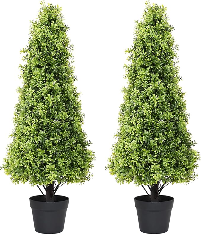 3ft Artificial Boxwood Topiary Trees, 36‘’ UV Resistant Faux Plants for Outdoor Planter, Tall Fake Bushes and Shrubs for Front Porch Decor, Set of 2