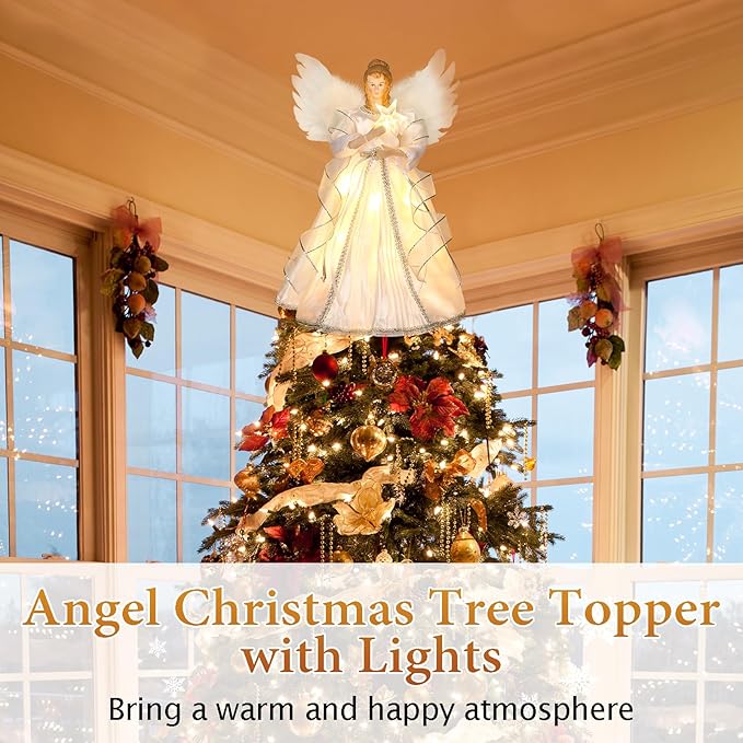HMASYO Christmas Tree Topper Angel with Timer Lights, 12" Angel Tree Toppers with White Feather Wings, Star Light, Remote Control and USB Power Xmas Treetop Decor for Indoor Office Holiday Party