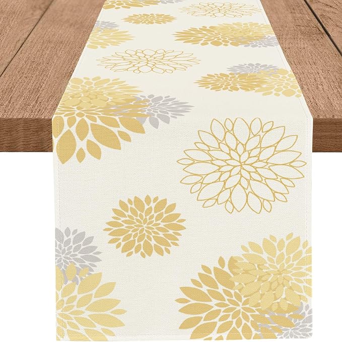 Yellow Gray Table Runner Dahlia Pinnata Flower Beige Table Runners Modern Elegant Pompon Farmhouse Geometric Table Center Decor for Girls Room Dining Party Patio (13 x 48 Inch)