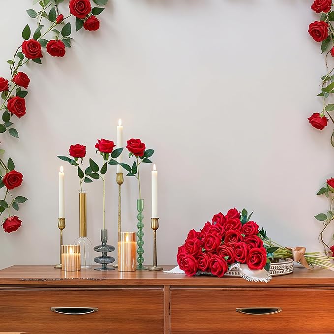 HyeFlora 50 PCS Red Roses Artificial Flowers, Fake Roses with Stems Realistic Silk Roses for DIY Wedding Bouquets Tables Centerpieces Arrangements Party Baby Shower Birthday Home Decor Gift for Her