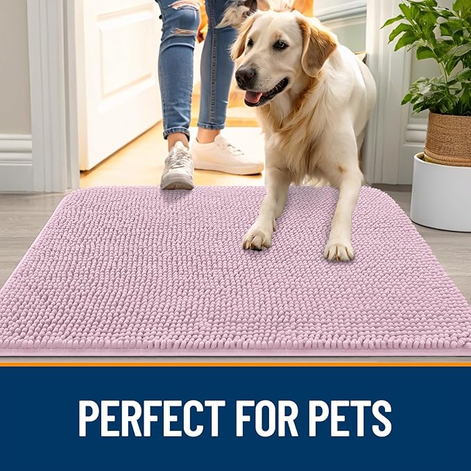 OLANLY Dog Door Mat for Muddy Paws 48x30, Absorbs Moisture and Dirt, Absorbent Non-Slip Washable Doormat, Quick Dry Chenille Mud Mat for Dogs, Entry Indoor Entryway Carpet for Inside Floor, Dusty Rose