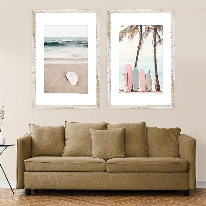 24x30 Frame Set of 2, Distressed White Wood Style - Display 18x24 Picture Frame with Mat or 24 x 30 Poster without Mat, Wall Mounting Horizontal and Vertical