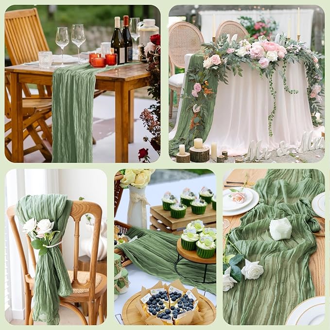 Wokceer Cheesecloth Table Runner 2Pack 10FT Sage Green Boho Gauze Easter Christmas Cheese Cloth Table Runner for Party Long Rustic Sheer Table Runners for Baby Bridal Shower Wedding