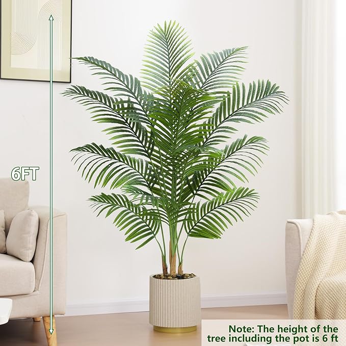 Artificial Palm Tree Plant 6FT Tall Fake Tropical Palm Tree in Pot, Real Bark Design Faux Areca Palm Tree for Home Office Living Room Bedroom Farmhouse Modern Indoor Outdoor Topiary Tree (18 Trunks)