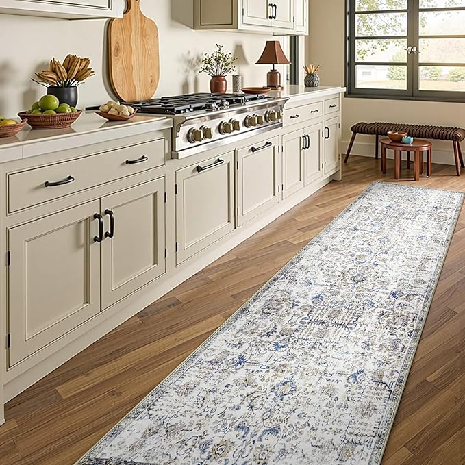 jinchan Kalen Runner Rug 2x10 Washable Hallway Rug Vintage Runner Indoor Floor Cover Thin Retro Distressed Floral Country Non Slip Carpet for Entryway Bathroom Bedroom Living Room Stairway Blue