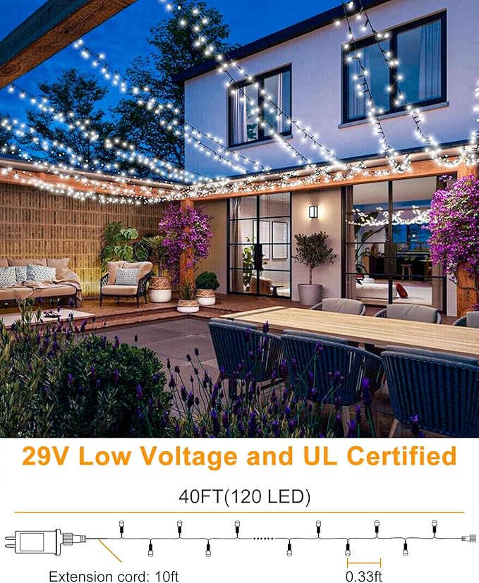 40FT 120 LED Christmas Lights Outdoor, White Christmas String Lights with 8 Modes & Waterproof, Connectable Plug in Christmas Tree Lights for Indoor Garden Tree Party Xmas Decorations