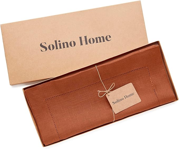 Solino Home Linen Table Runner 120 Inches Long - 100% Pure Linen Cinnamon Table Runner 14 x 120 Inch - Classic Hemstitch