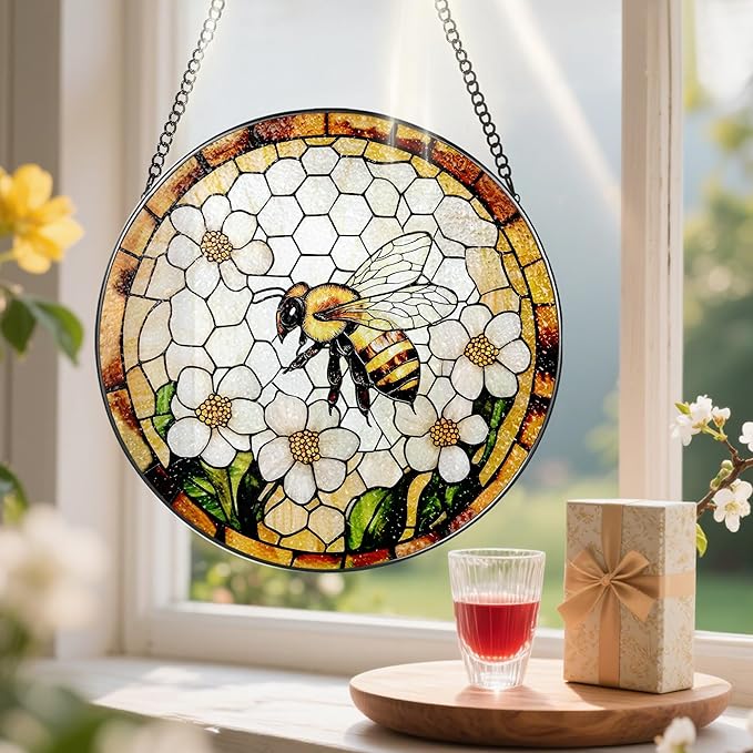 Bee Wildflowers Stained Glass Suncatcher, Stained Glass Window Hanging, 8 Inch Honey Bee Suncatcher, Honeybee Gifts for Garden Lovers, Gifts for Mother's Day, Teacher Gift, Grandma Gift