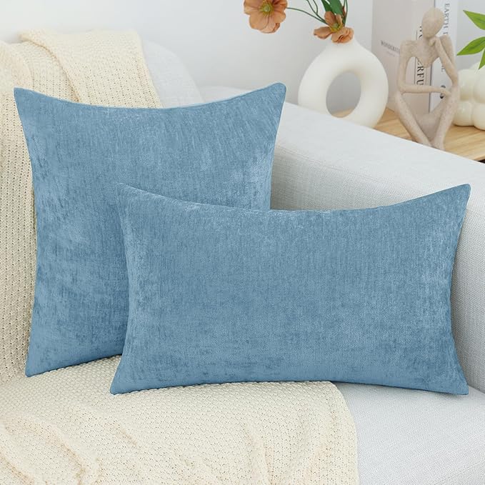decorUhome Chenille Grey Blue Throw Pillow Covers 12x20 Inch Set of 2, Decorative Soft Couch Pillow Covers Solid Dyed Accent Farmhouse Neutral Rectangle Pillow Cases for Sofa Bed Living Room