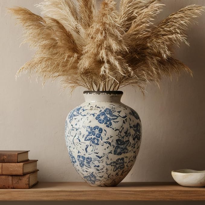 Blue and White Ceramic Vase 8 Inch – Vintage Floral Pottery Vase with Crackle Glaze, Waterproof Decorative Vase for Flowers, Greenery, Small Bouquets – Farmhouse Cottage Table Shelf Decor