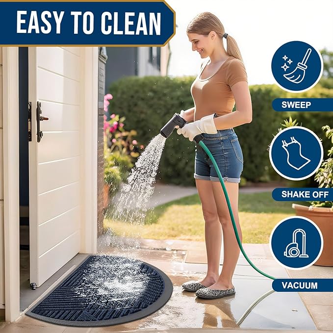 Smiry Half Circle Front Door Mat Outside Entrance, Heavy Duty Sturdy Natural Rubber Doormat, Trap Dirt and Moisture, Low Profile Mats for Indoor Outdoor Entry, Irregular Triangle (29.5x17, Navy Blue)