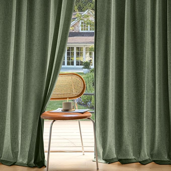 MIULEE Non-See-Through Privacy Linen Curtains 2 Panels, Olive Green Light Filtering Window Curtains Farmhouse Textured Back Tab Semi Sheer Drapes for Bedroom Living Room 84 Inches Long Dark Green