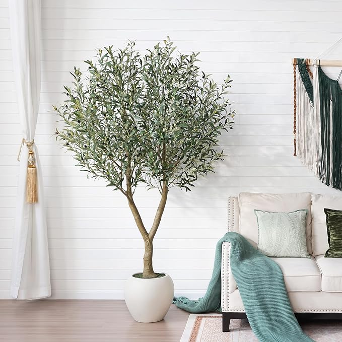 Olive Trees Artificial Indoor,7Ft Large Faux Plants,Tall Fake Tree with 15in White Round Planter,Full & Lush Faux Olive Tree for Home Decor Living Room, Office or Bedroom,Housewarming