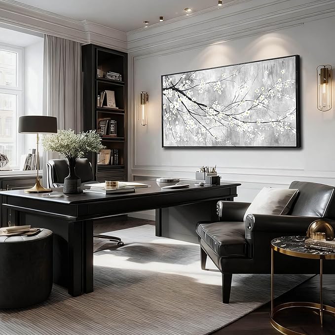 WINKAILIN Large 29"x58" White Black and Gold Plum Blossom Canvas Black Frame Wall Art Minimalist Flower Poster Decorative Artwork for Living Room Bedroom Office Kitchen Walls