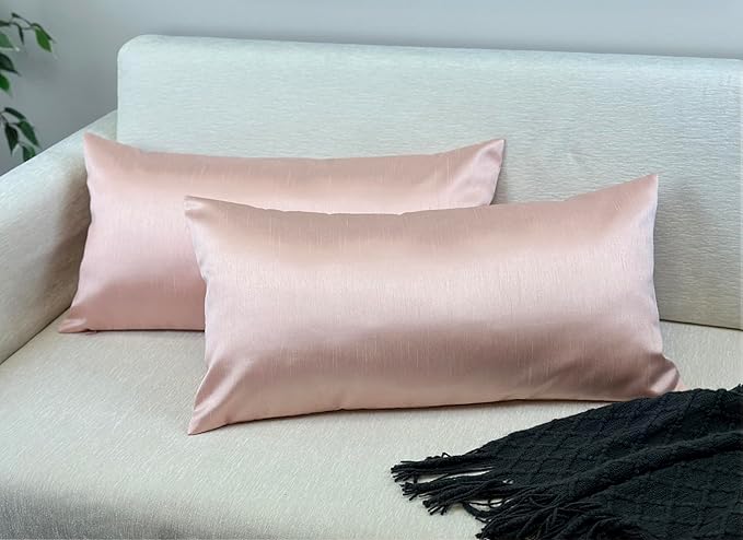 Aiking Home 12x24 Inches Faux Silk Rectangular Throw Pillow Cover, Zipper Closure, Rose Pink (Set of 2)