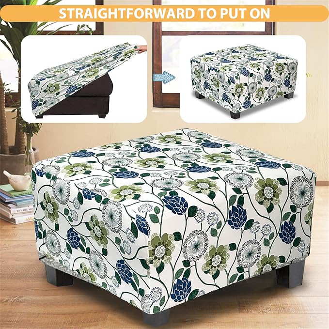 Ottoman Cover Square Slipcovers Printed,Stretch Footrest Stool Cover for Ottoman Square,Soft Foot Stool Cover Protector with Nonslip Elastic Bottom (Large,Flower C)