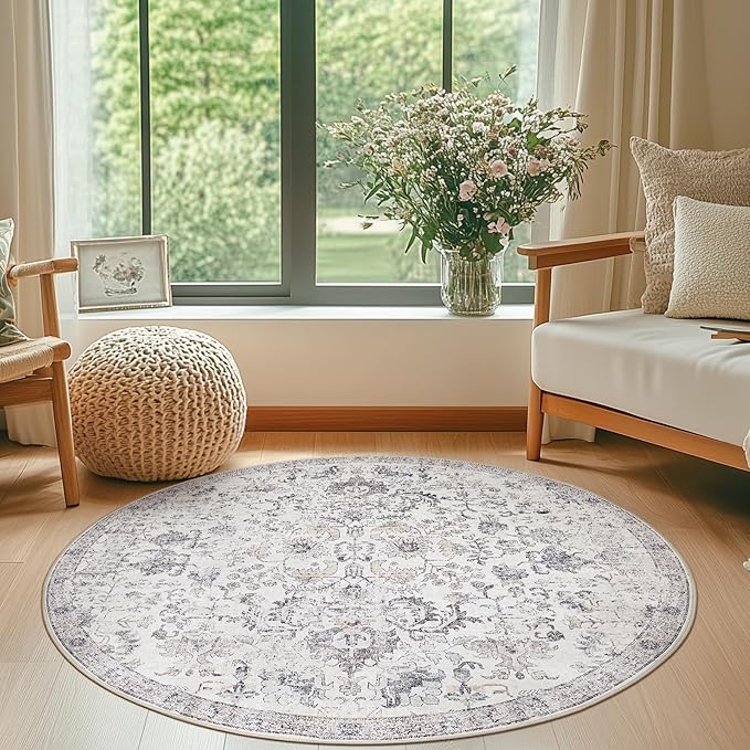 jinchan Kalen Round Rug 4ft Area Rug Washable Vintage Indoor Retro Entryway Floor Cover Distressed Gray Floral 4' Round Circle Boho Non Slip Thin Carpet for Bedroom Living Room Dining Room Grey