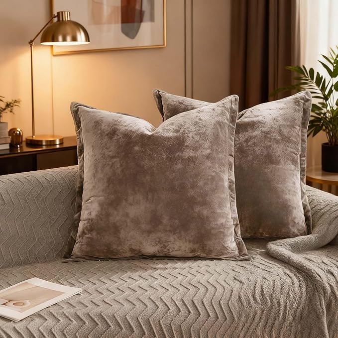 Velvet Pillow Covers 2 Pack Soft 26x26 Pillow Covers Solid Square Euro Shams Decorative Couch Pillow Cases with Wide Border for Sofa Bed Home Decor,Brown