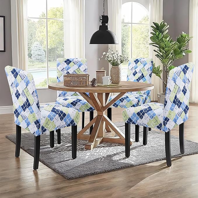 Sufdari Dining Chair Covers,Kitchen Chair Cover,Parsons Chair Slipcover,Spandex Chair Protectors for Dining Room Stretch Chairs Cover Set of 8 -Green Blue Plaid